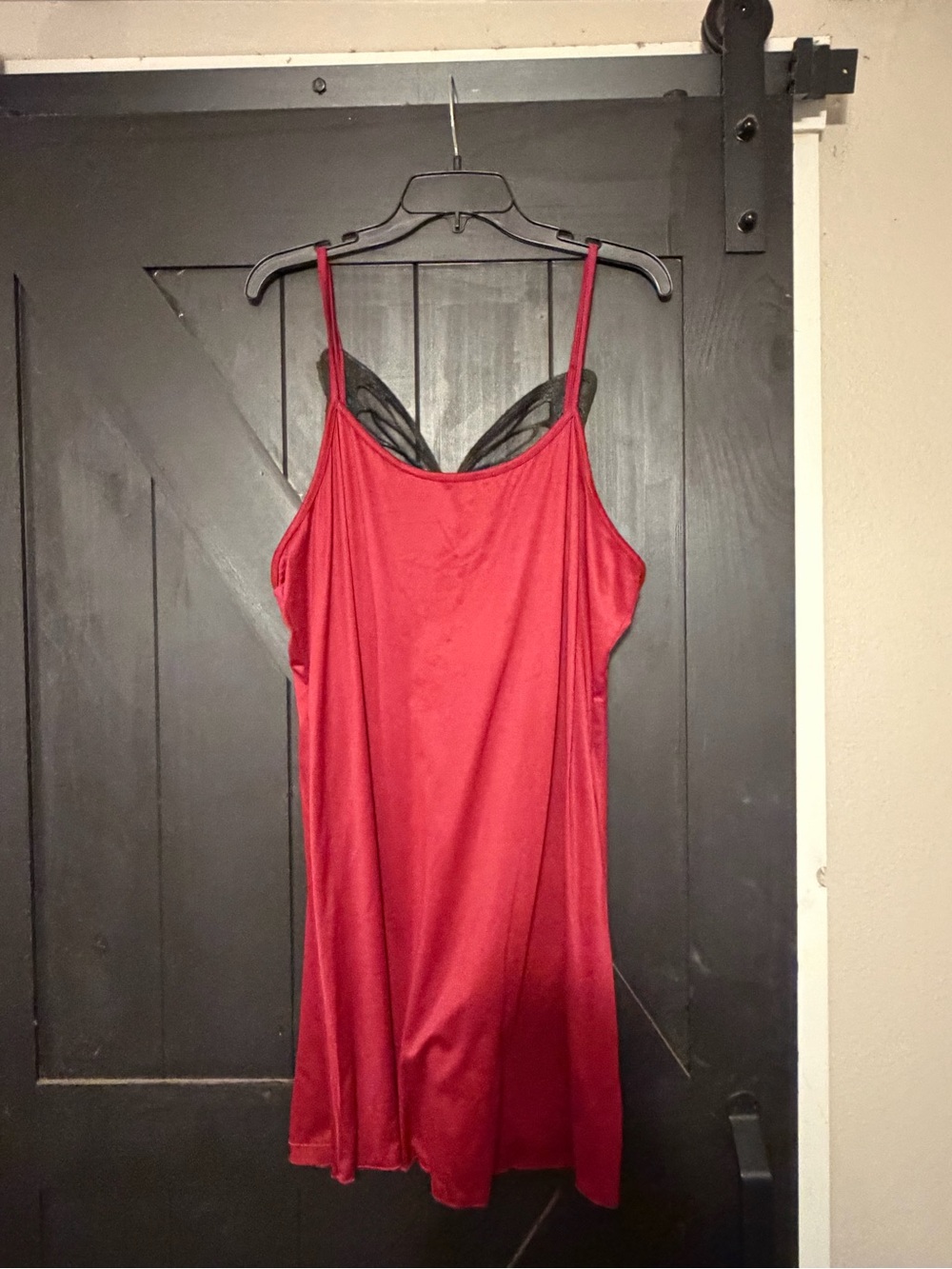 Red Satin Slip Chemise with Black Lace Accents